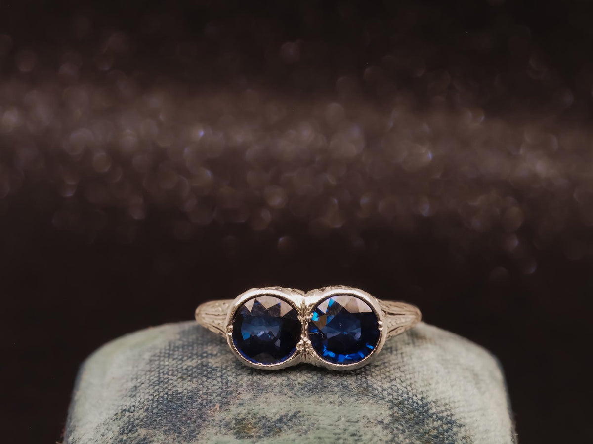 1930s Platinum Art Deco Two Stone Blue Sapphire Ring - VHK#99