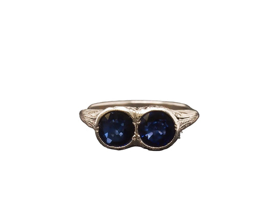 1930s Platinum Art Deco Two Stone Blue Sapphire Ring - VHK#99