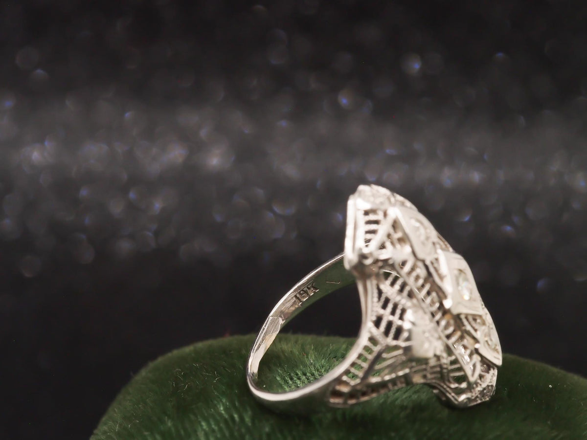 Art Deco 18K White Gold Diamond Shield Ring - VHK#96