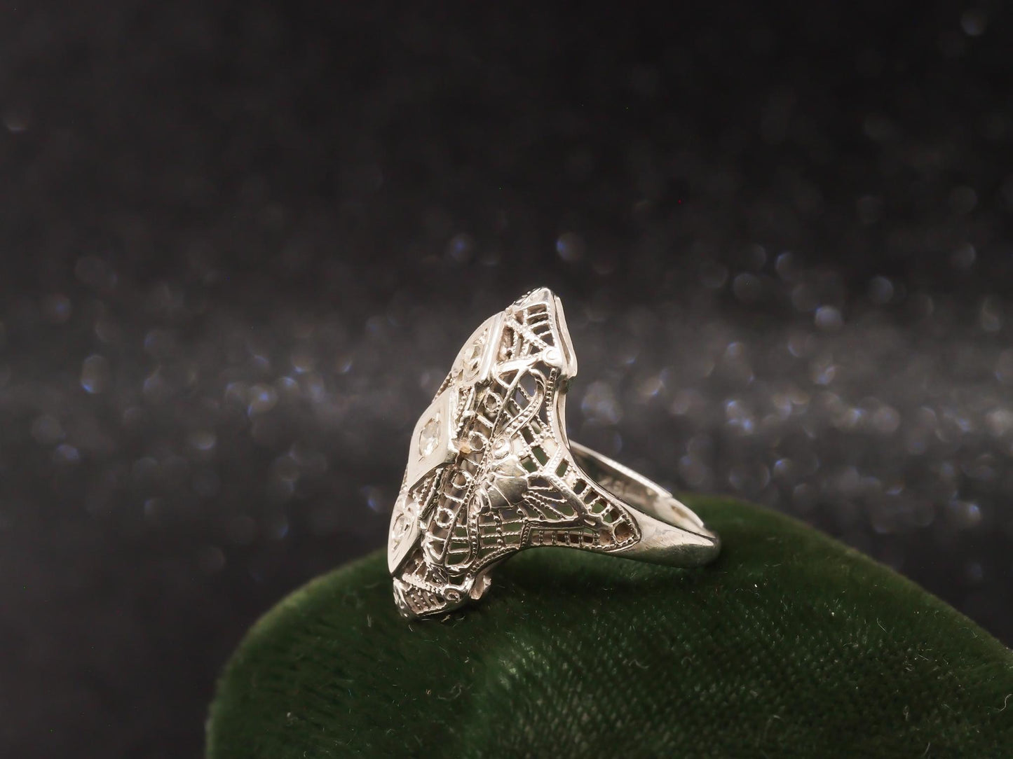 Art Deco 18K White Gold Diamond Shield Ring - VHK#96
