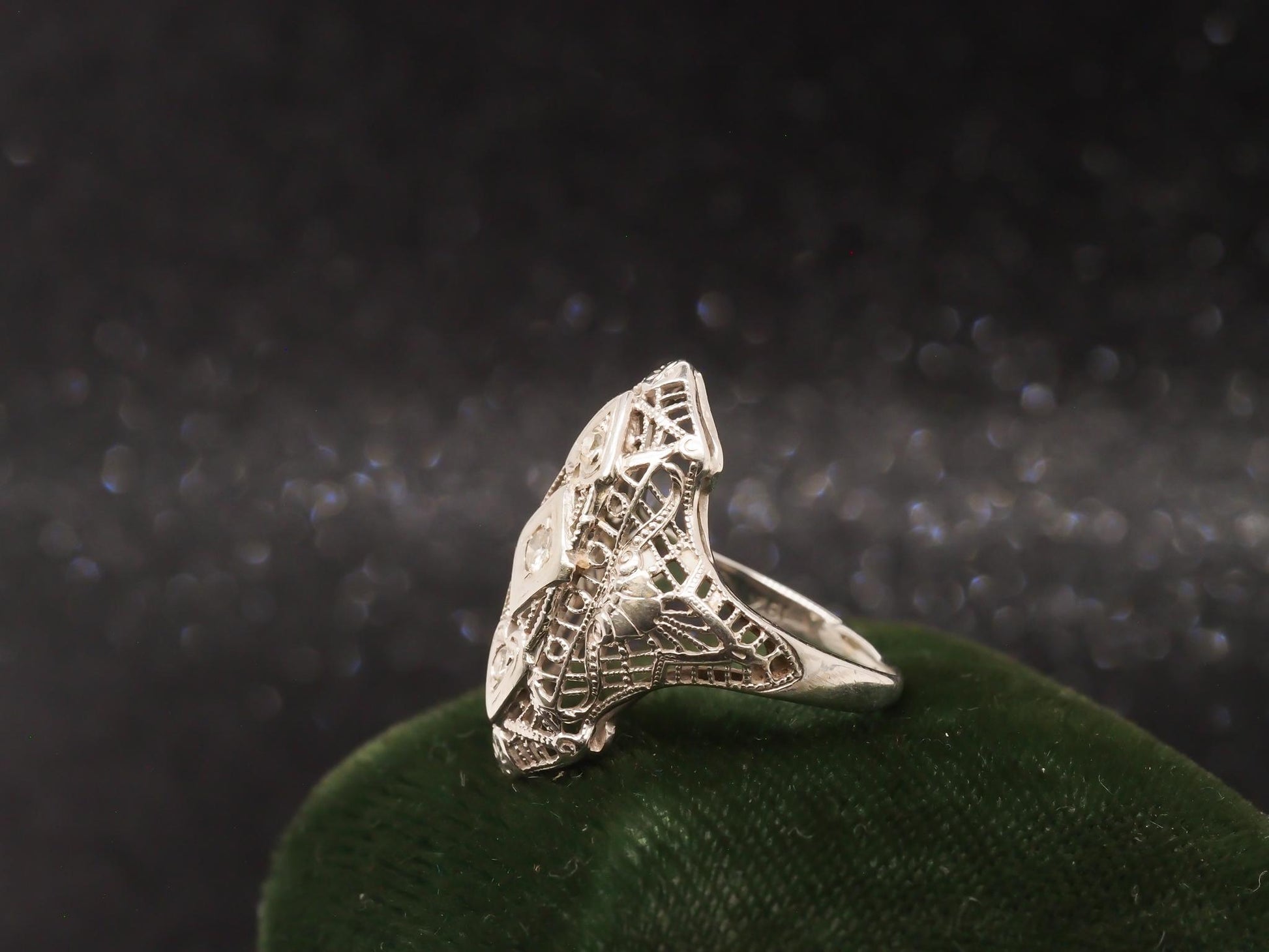 Art Deco 18K White Gold Diamond Shield Ring - VHK#96