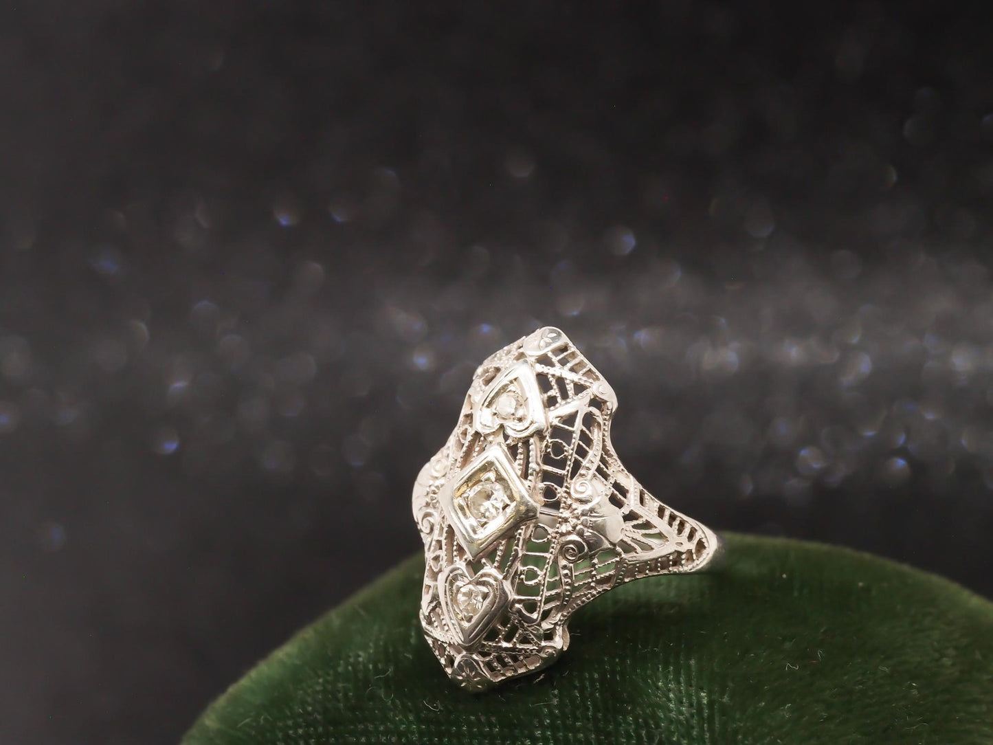 Art Deco 18K White Gold Diamond Shield Ring - VHK#96
