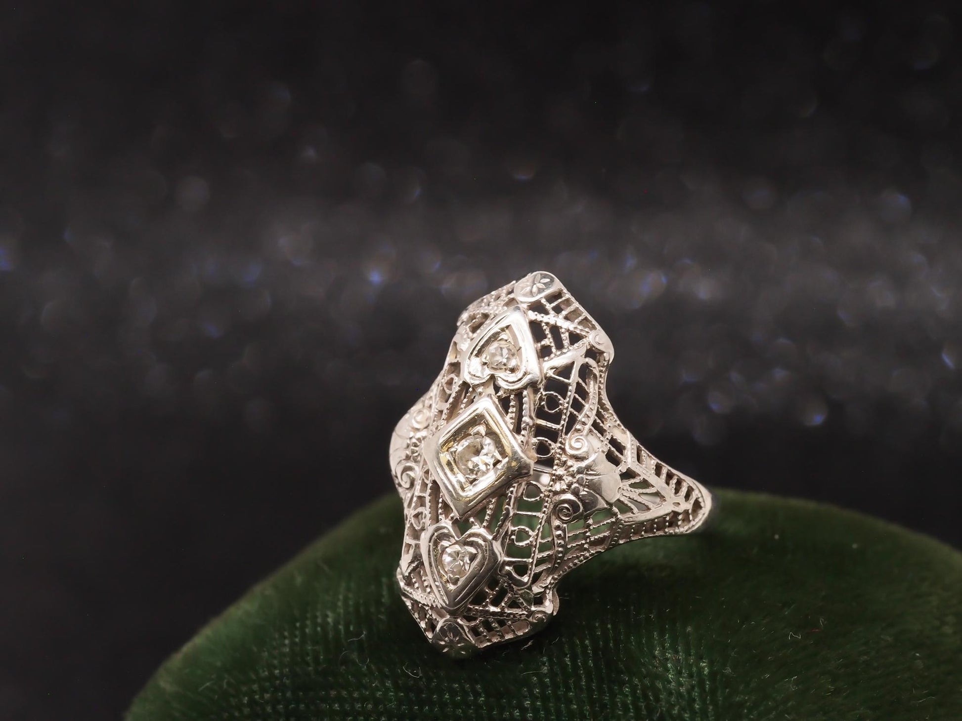 Art Deco 18K White Gold Diamond Shield Ring - VHK#96