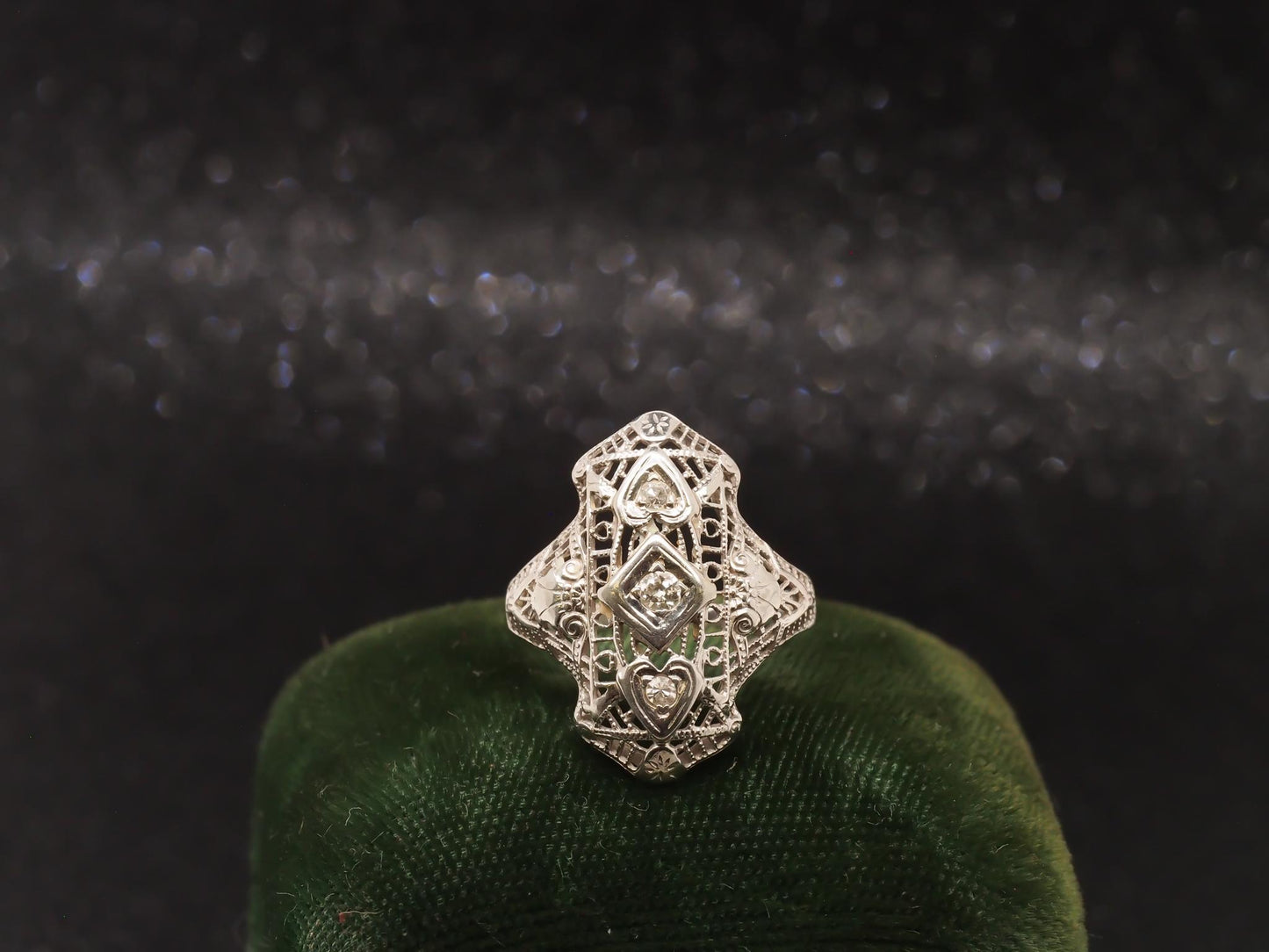 Art Deco 18K White Gold Diamond Shield Ring - VHK#96