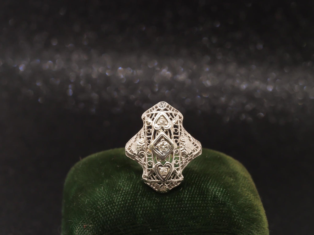 Art Deco 18K White Gold Diamond Shield Ring - VHK#96