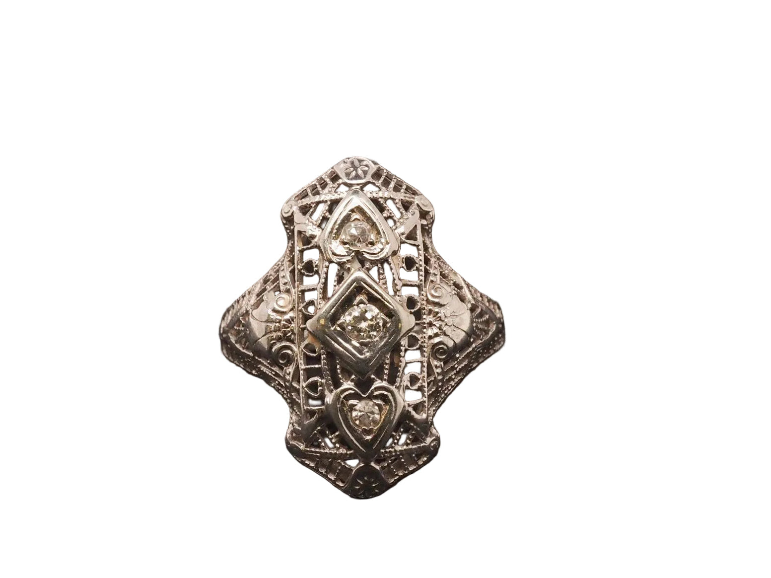 Art Deco 18K White Gold Diamond Shield Ring - VHK#96