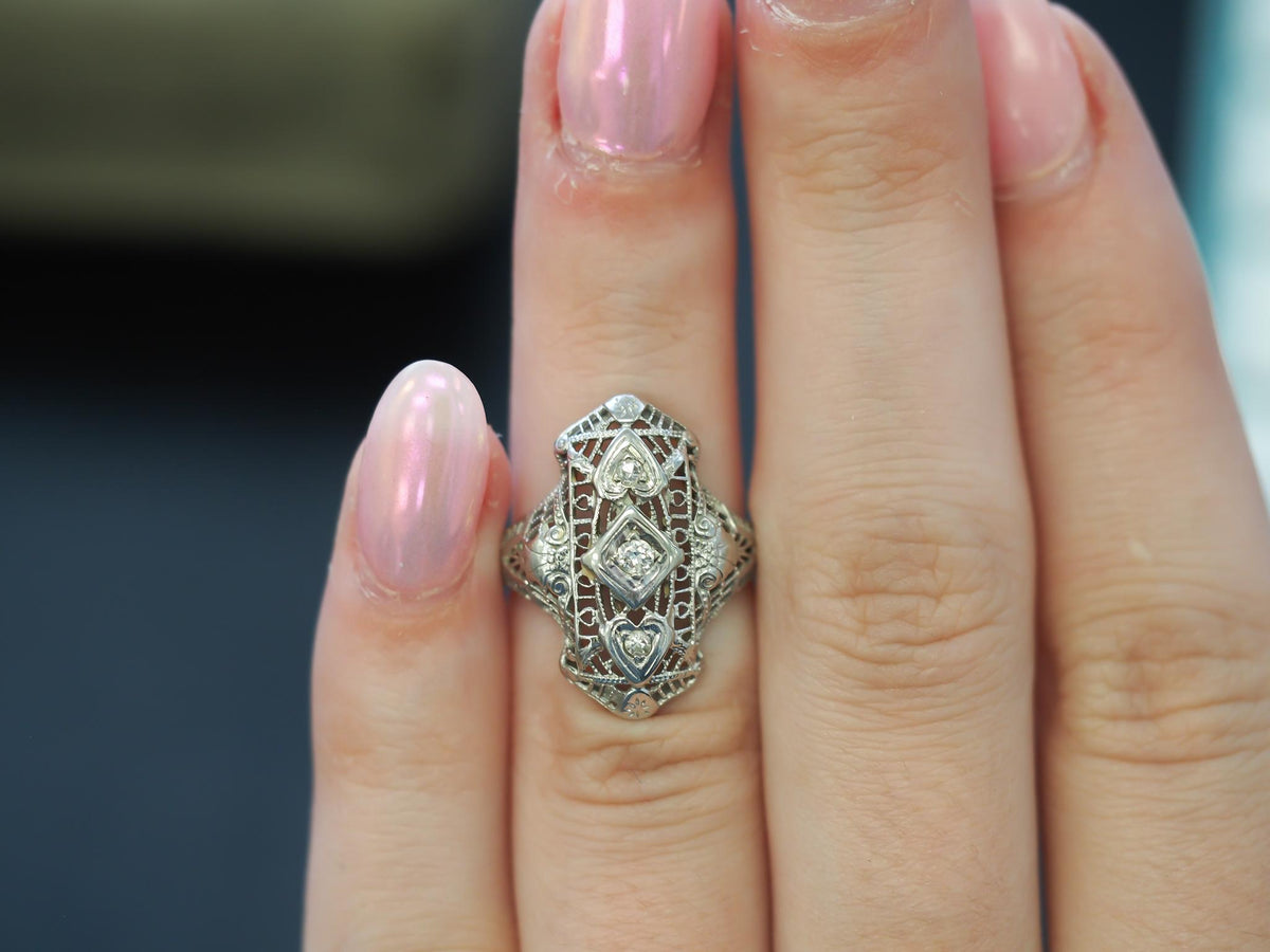 Art Deco 18K White Gold Diamond Shield Ring - VHK#96