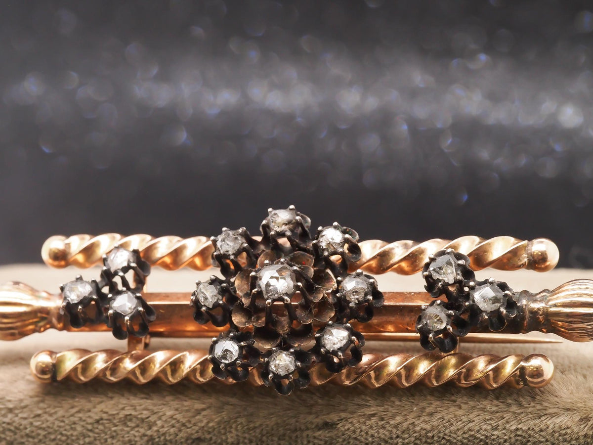 14K Rose Gold Victorian Rose Cut Diamond Brooch Pin - VHK#91