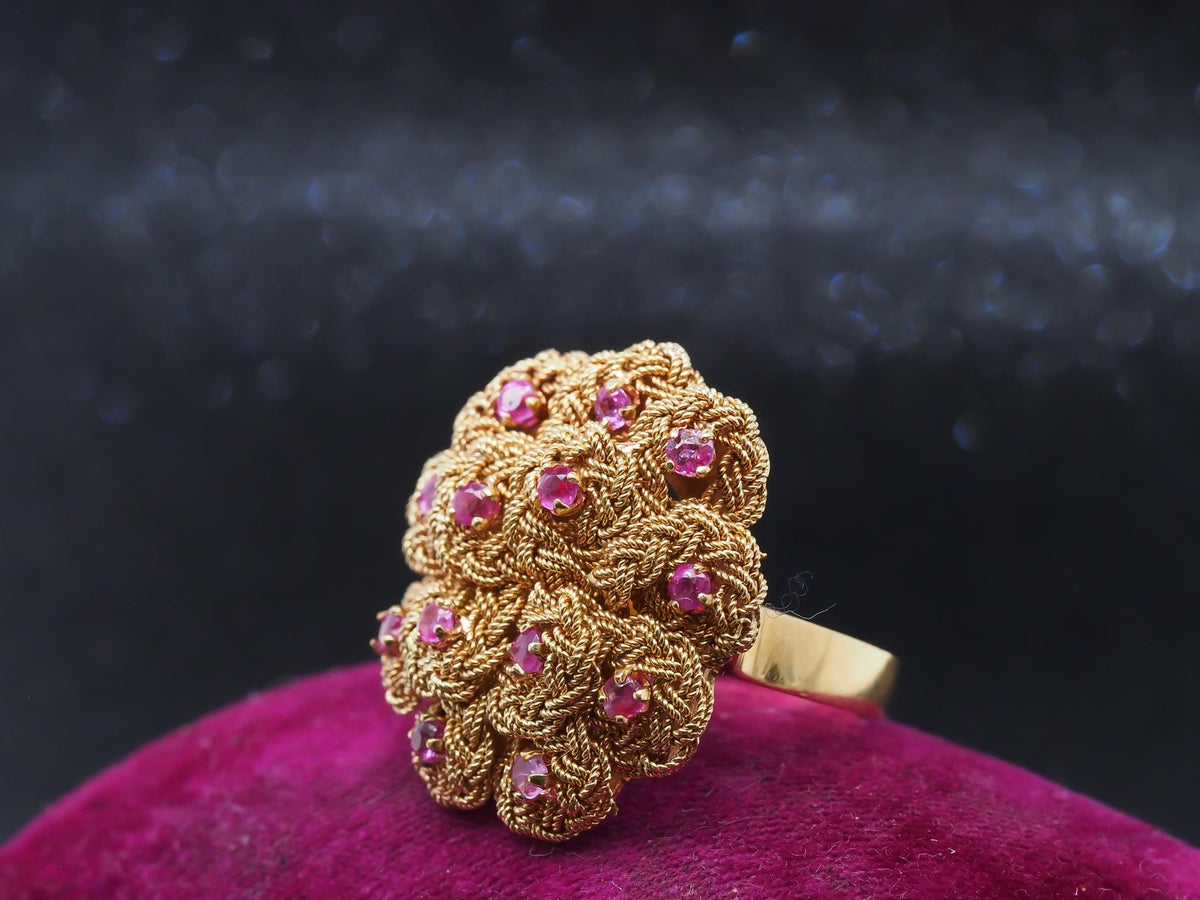 1980s Retro 18 Karat Yellow Gold Ruby Cocktail Ring - VHK#90
