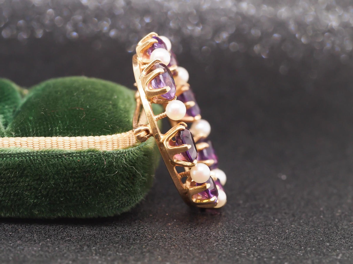 14K Yellow Gold Amethyst & Pearl Circle Brooch Pin - VHK#89