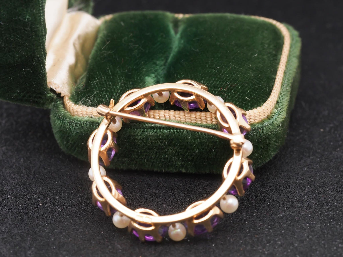 14K Yellow Gold Amethyst & Pearl Circle Brooch Pin - VHK#89