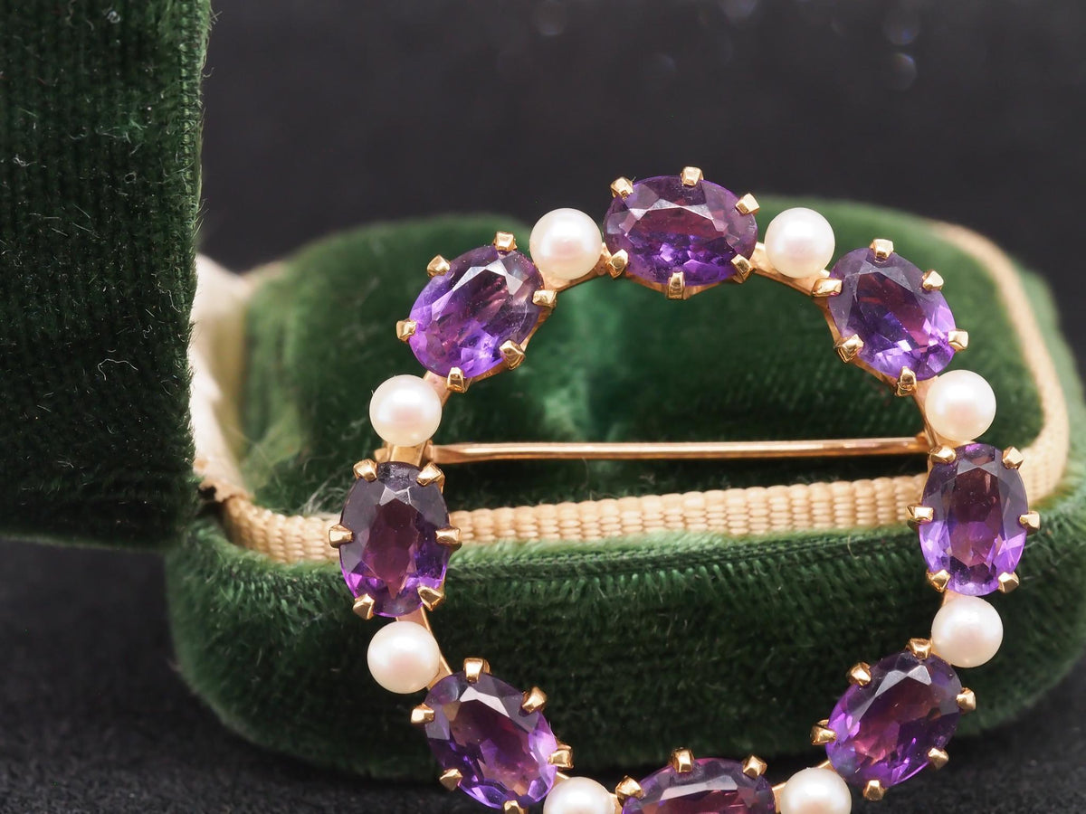 14K Yellow Gold Amethyst & Pearl Circle Brooch Pin - VHK#89