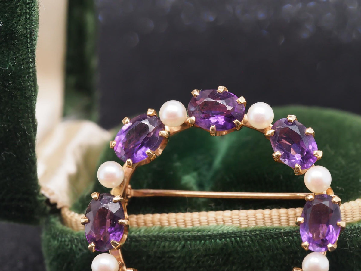 14K Yellow Gold Amethyst & Pearl Circle Brooch Pin - VHK#89