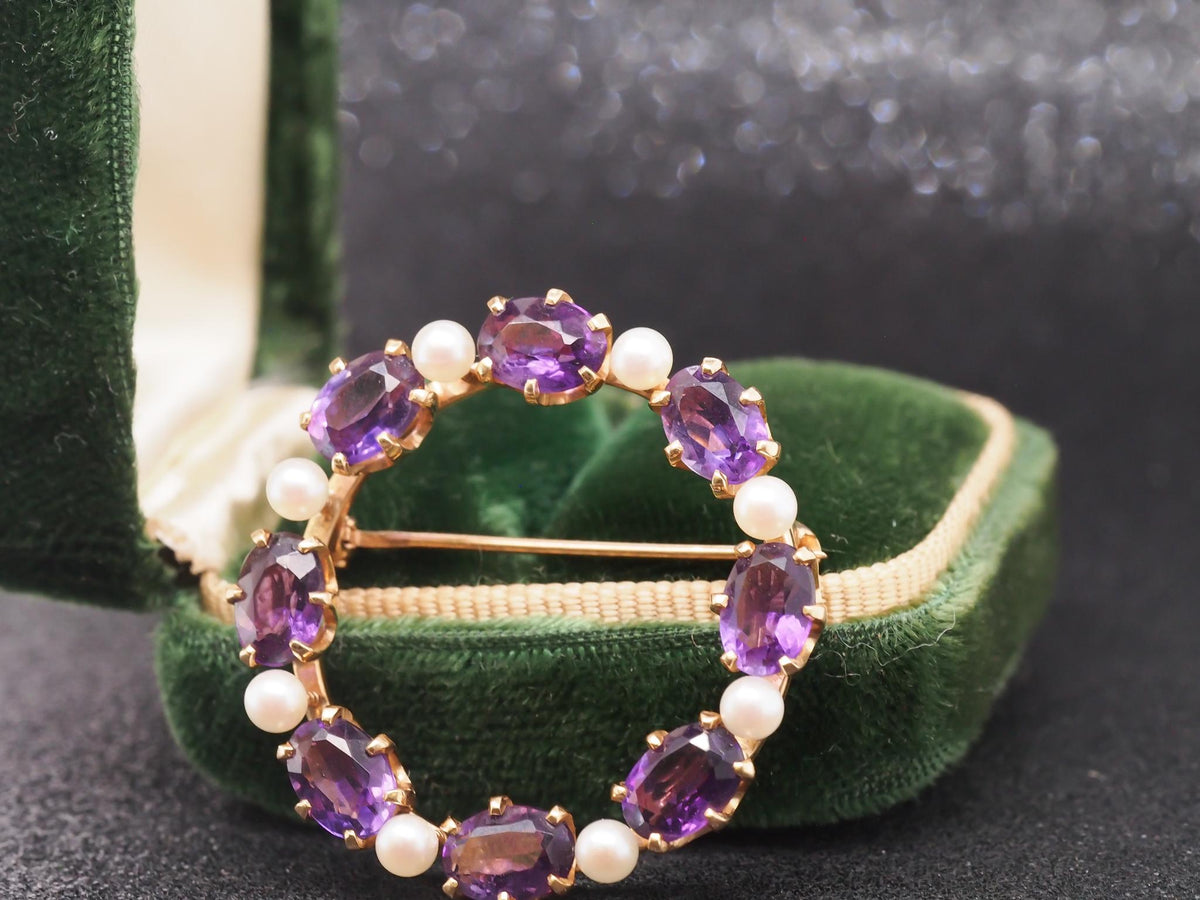 14K Yellow Gold Amethyst & Pearl Circle Brooch Pin - VHK#89