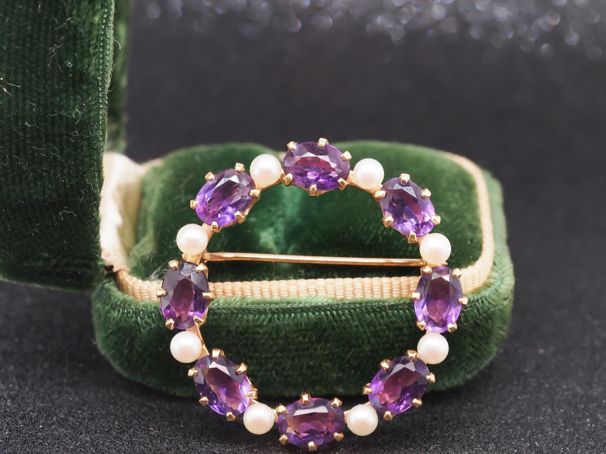 14K Yellow Gold Amethyst & Pearl Circle Brooch Pin - VHK#89