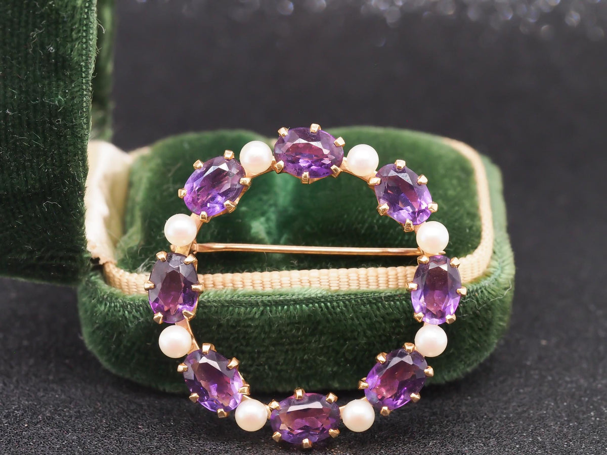 14K Yellow Gold Amethyst & Pearl Circle Brooch Pin - VHK#89