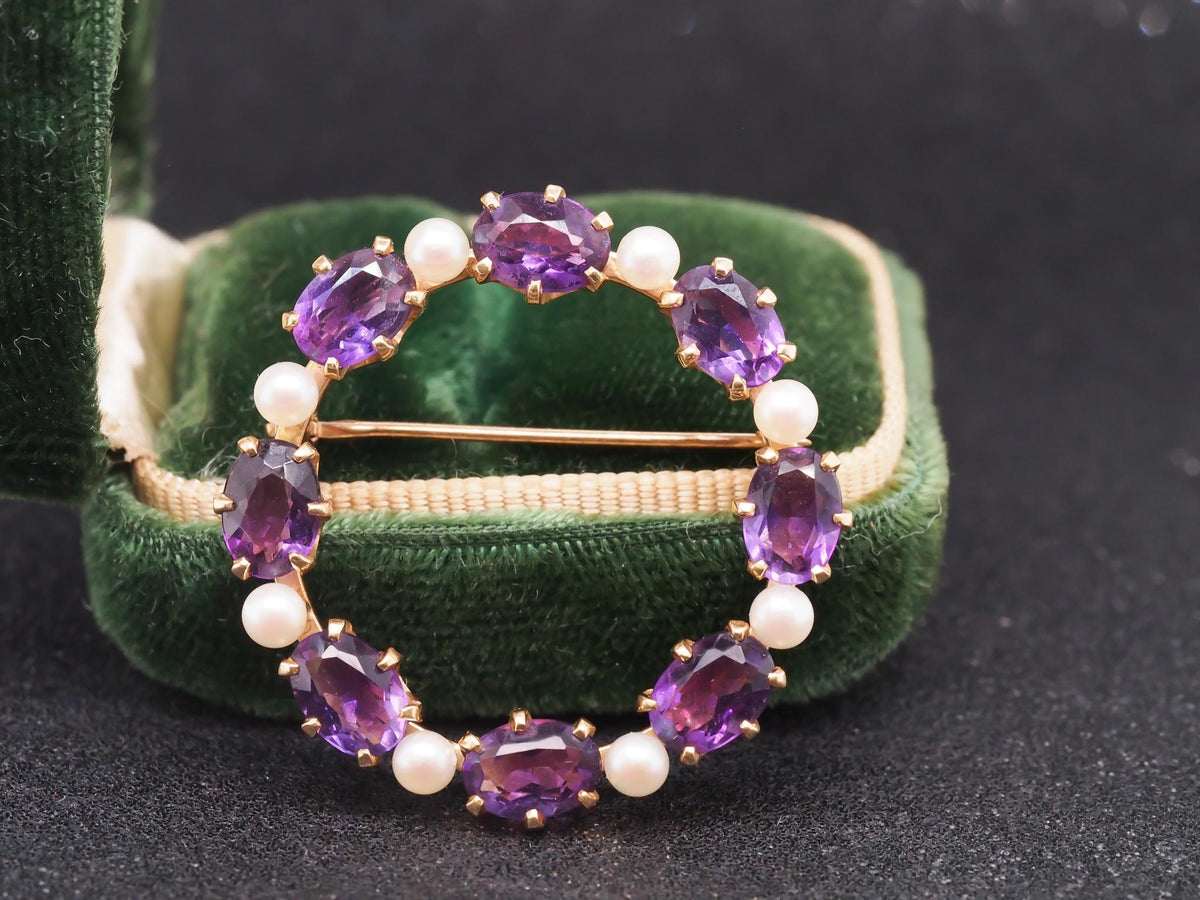 14K Yellow Gold Amethyst & Pearl Circle Brooch Pin - VHK#89
