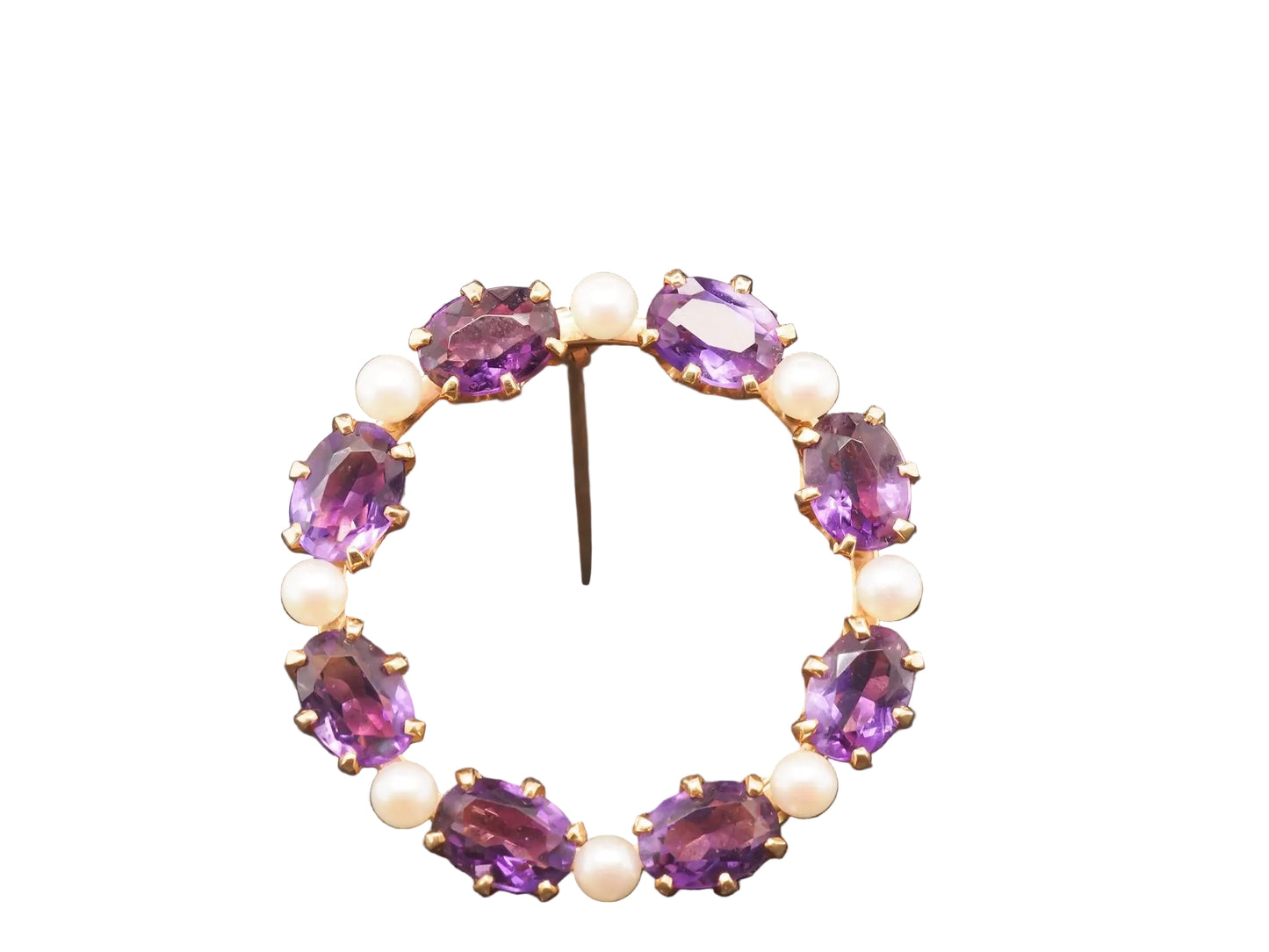 14K Yellow Gold Amethyst & Pearl Circle Brooch Pin - VHK#89