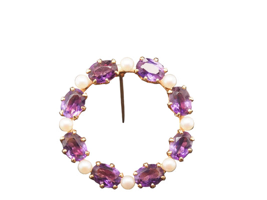 14K Yellow Gold Amethyst & Pearl Circle Brooch Pin - VHK#89