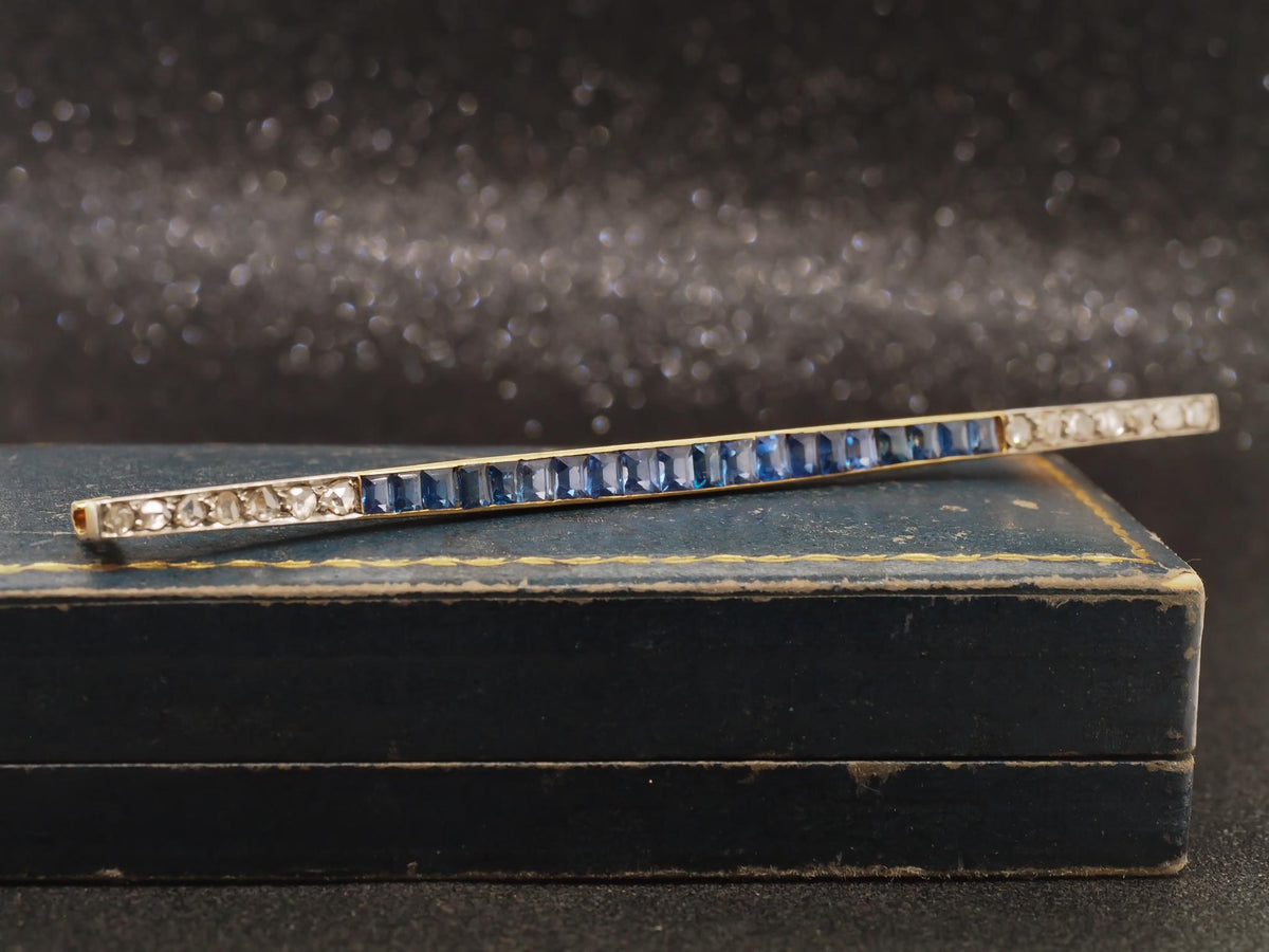 Circa 1920s Art Deco 18K Yellow Gold & Platinum Sapphire and Diamond Bar Pin -