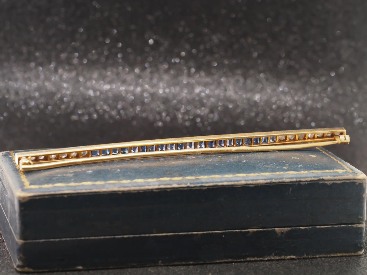 Circa 1920s Art Deco 18K Yellow Gold & Platinum Sapphire and Diamond Bar Pin -