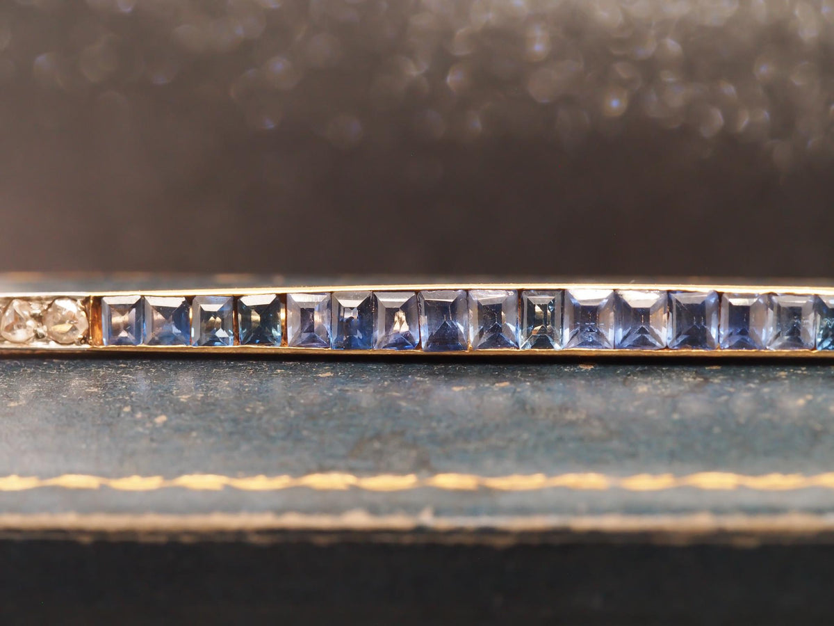 Circa 1920s Art Deco 18K Yellow Gold & Platinum Sapphire and Diamond Bar Pin -