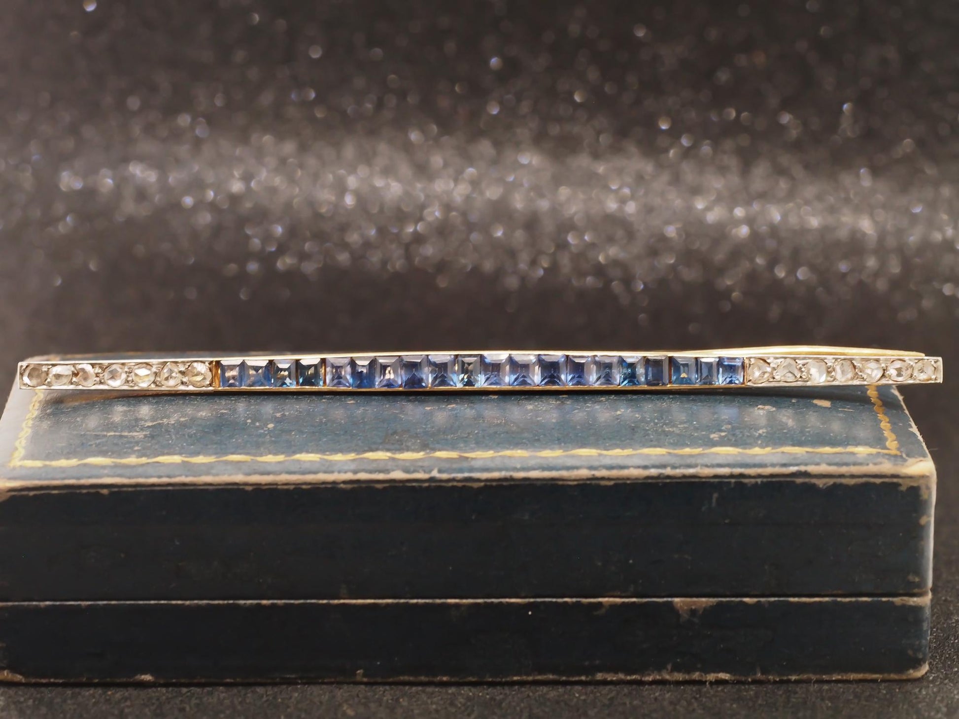 Circa 1920s Art Deco 18K Yellow Gold & Platinum Sapphire and Diamond Bar Pin -