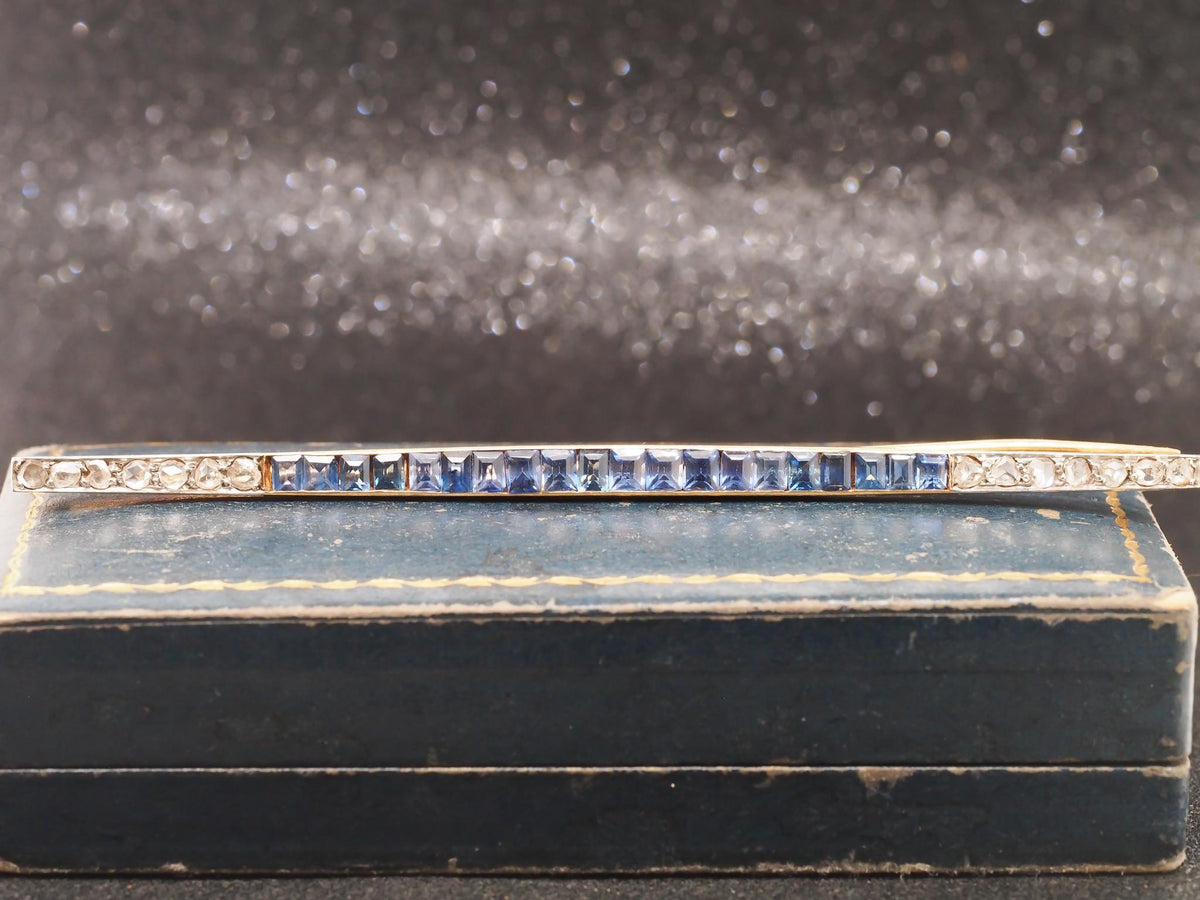 Circa 1920s Art Deco 18K Yellow Gold & Platinum Sapphire and Diamond Bar Pin -