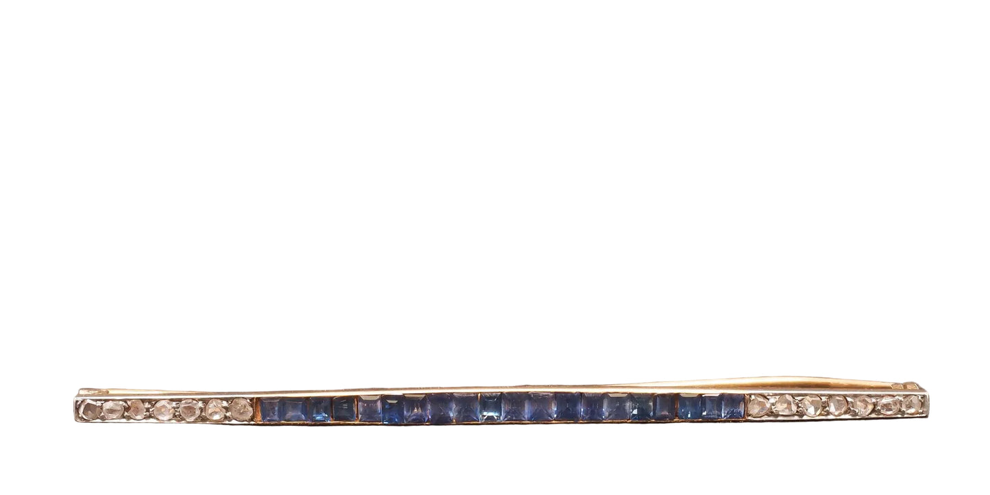 Circa 1920s Art Deco 18K Yellow Gold & Platinum Sapphire and Diamond Bar Pin -