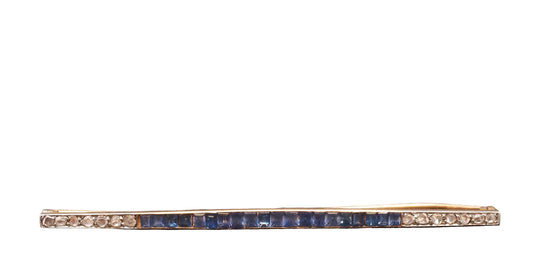 Circa 1920s Art Deco 18K Yellow Gold & Platinum Sapphire and Diamond Bar Pin -