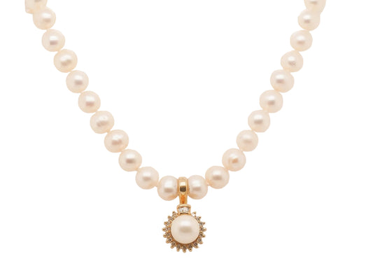 1990s 14k Yellow Gold Diamond Pearl Vintage Necklace - VHK#71