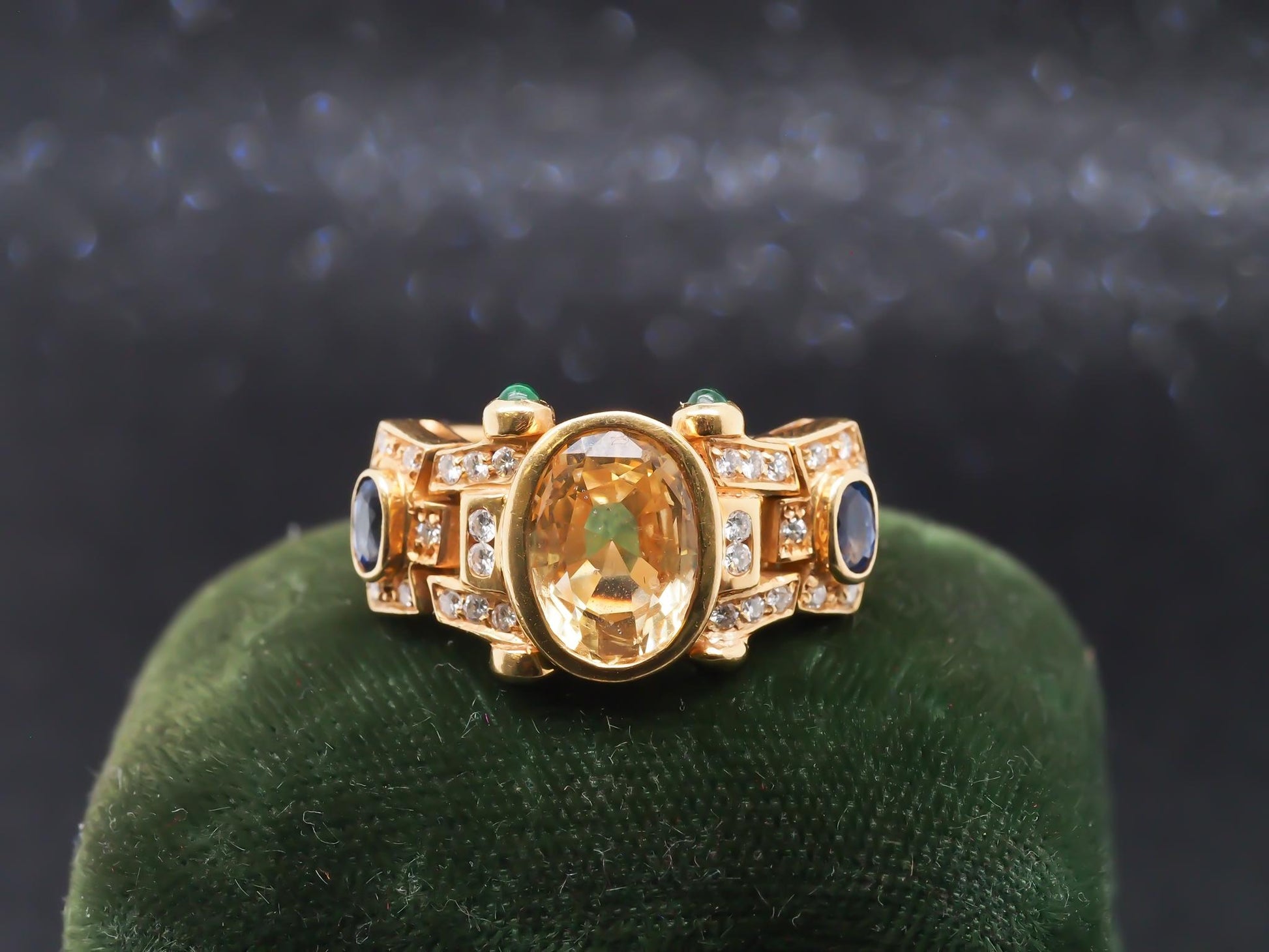 18K Yellow Gold Sapphire, Diamond and Emerald Cocktail Ring - VHK#70