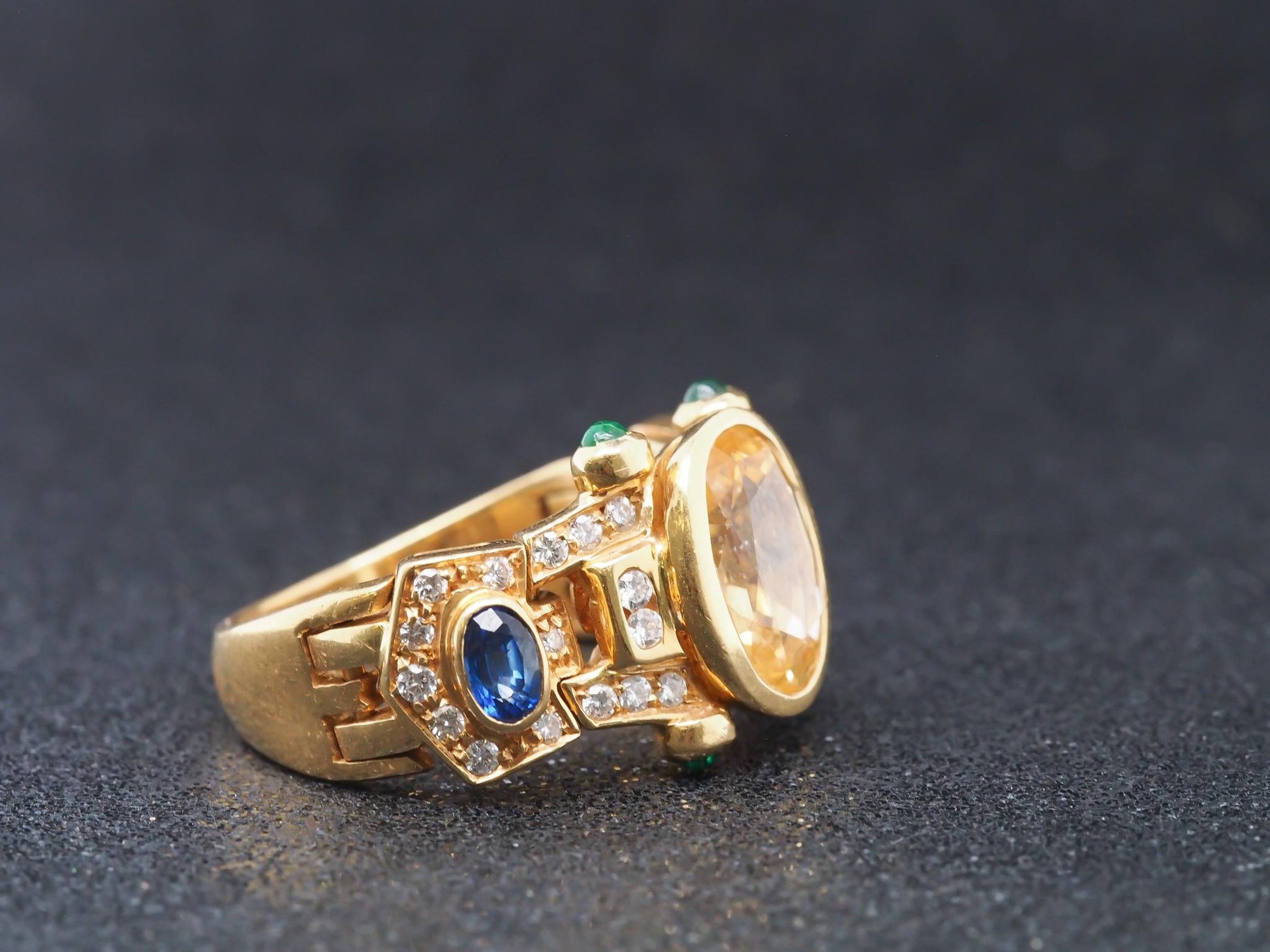 18K Yellow Gold Sapphire, Diamond and Emerald Cocktail Ring - VHK#70