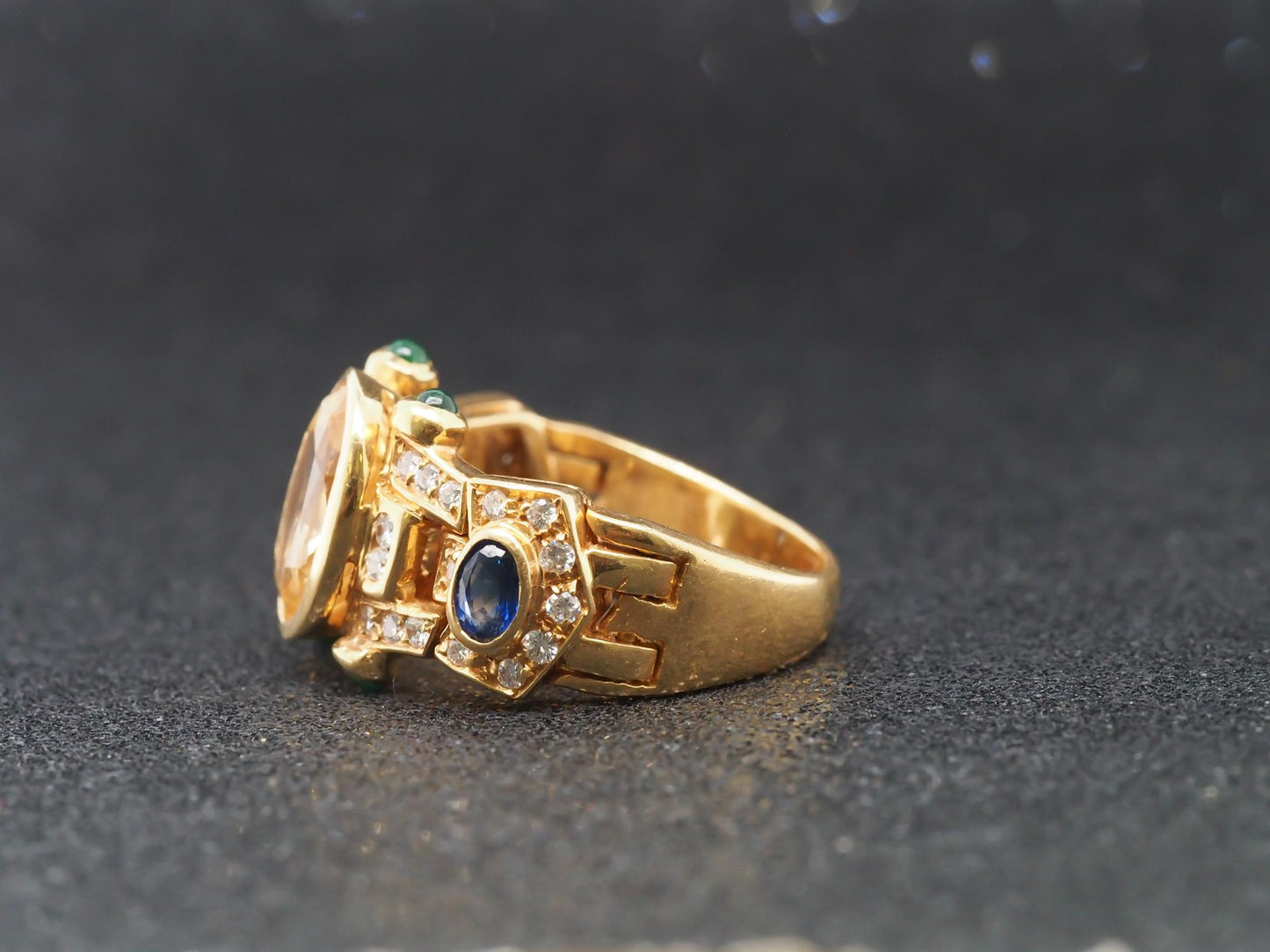 18K Yellow Gold Sapphire, Diamond and Emerald Cocktail Ring - VHK#70