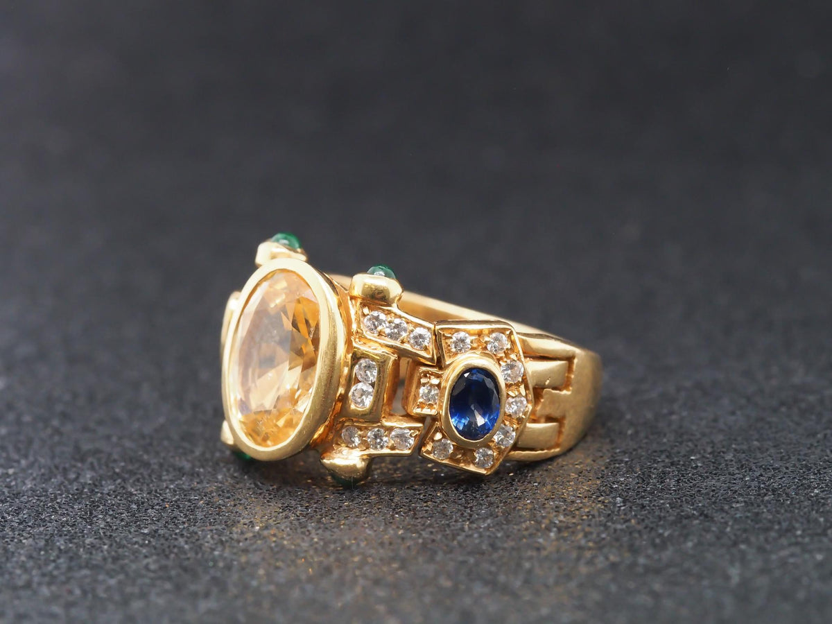 18K Yellow Gold Sapphire, Diamond and Emerald Cocktail Ring - VHK#70