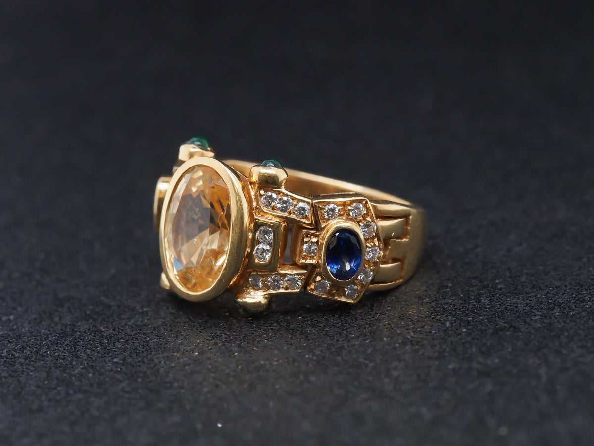 18K Yellow Gold Sapphire, Diamond and Emerald Cocktail Ring - VHK#70