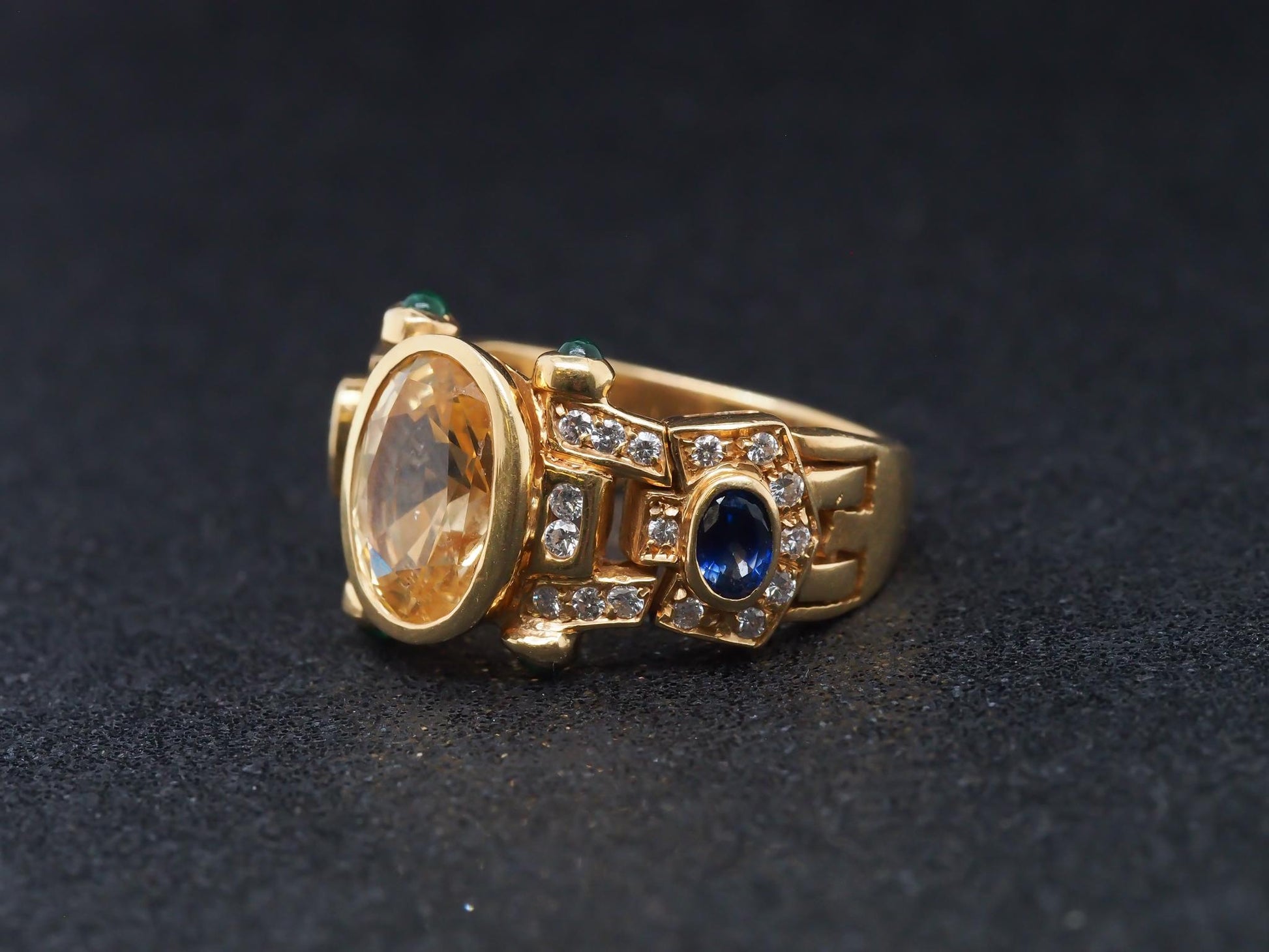 18K Yellow Gold Sapphire, Diamond and Emerald Cocktail Ring - VHK#70