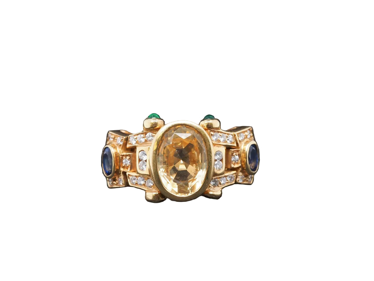 18K Yellow Gold Sapphire, Diamond and Emerald Cocktail Ring - VHK#70