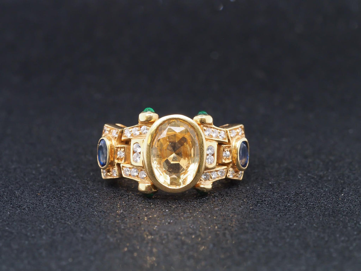 18K Yellow Gold Sapphire, Diamond and Emerald Cocktail Ring - VHK#70
