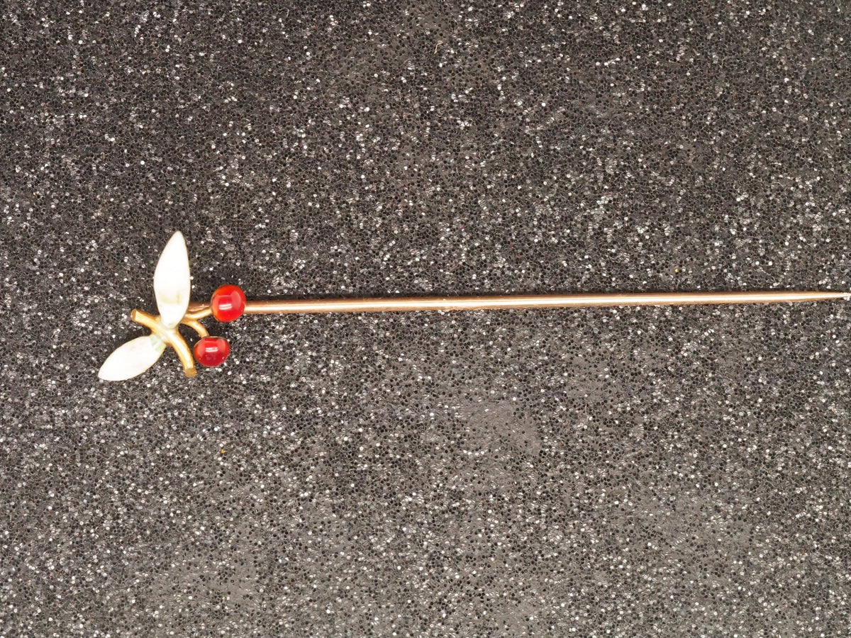 1920s 14K Yellow Gold Enameled Cherry Design Stick Pin - VHK#65