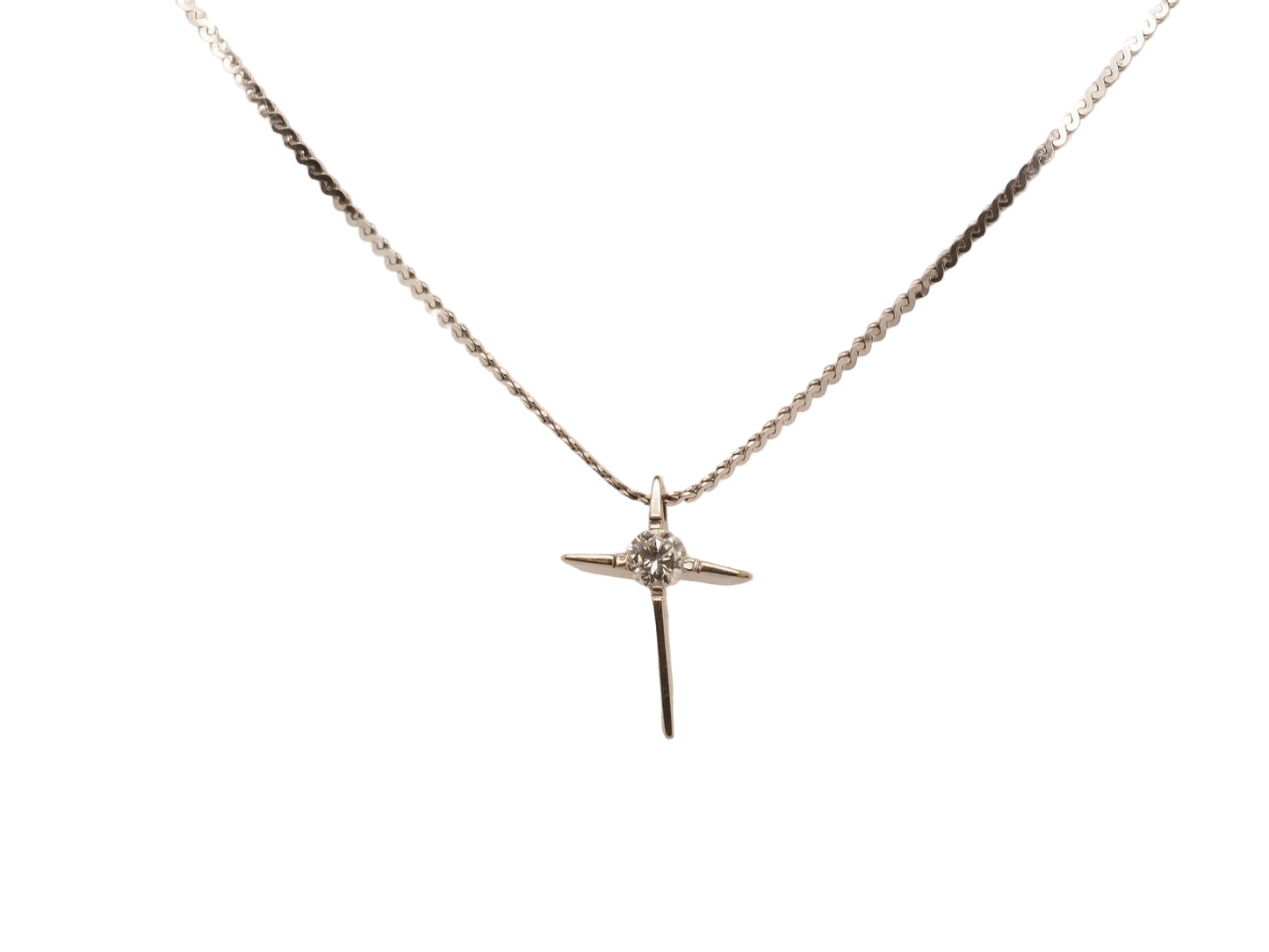 14K White Gold Slanted Cross Diamond Pendant and Chain - VHK#143a
