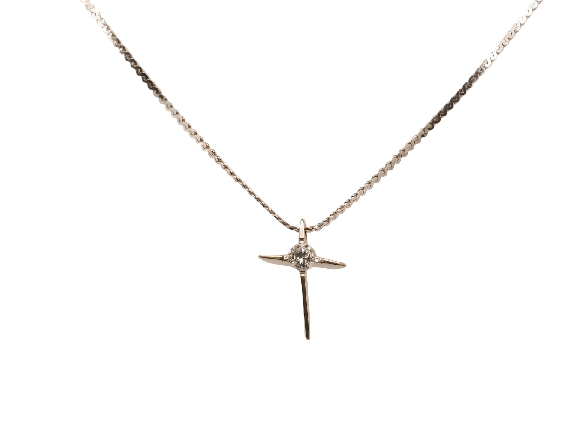 14K White Gold Slanted Cross Diamond Pendant and Chain - VHK#143a