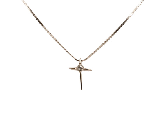 14K White Gold Slanted Cross Diamond Pendant and Chain - VHK#143a