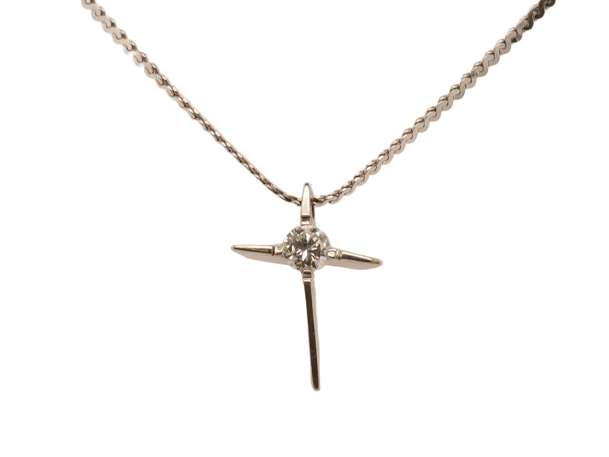 14K White Gold Slanted Cross Diamond Pendant and Chain - VHK#143a