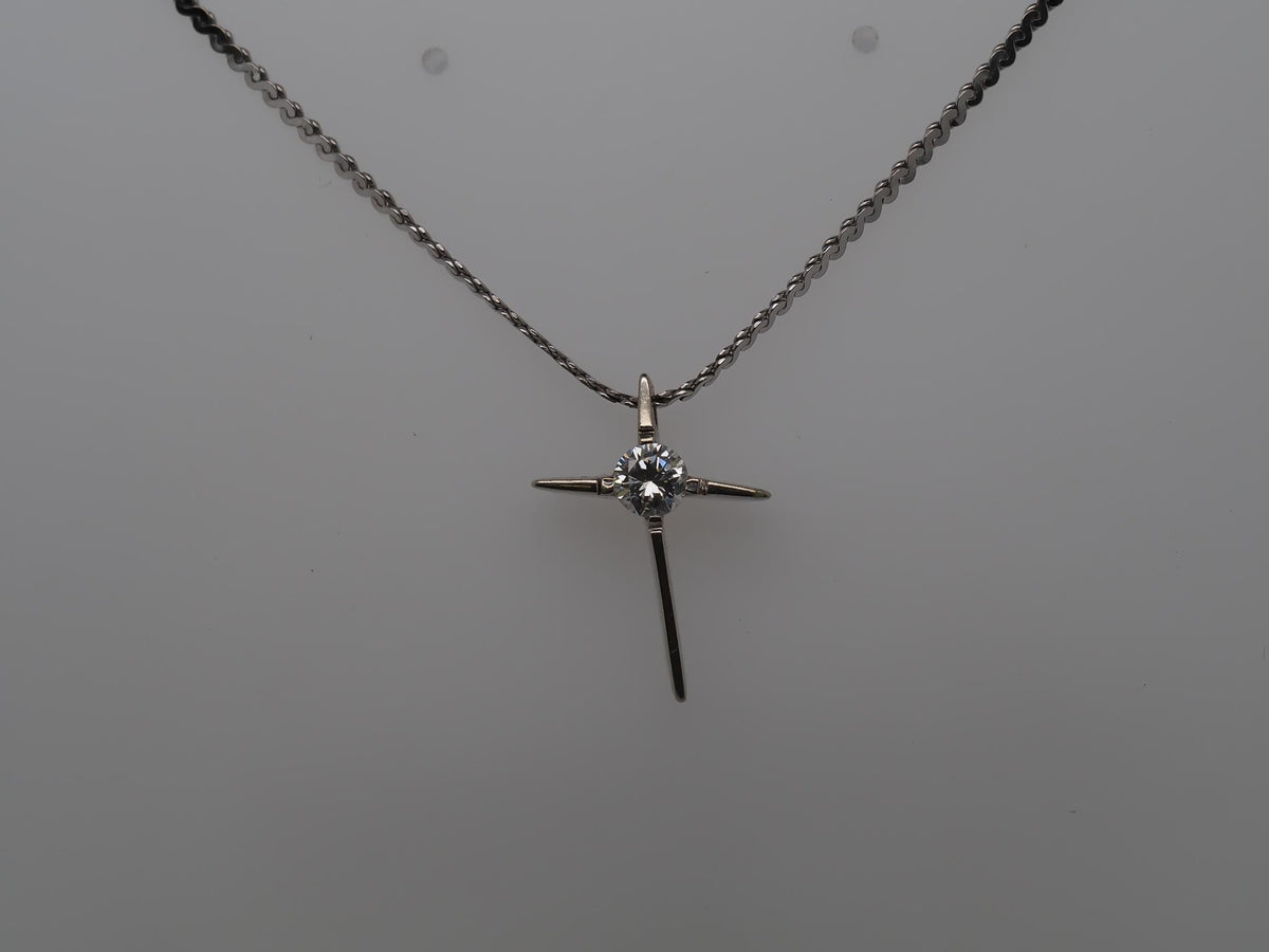 14K White Gold Slanted Cross Diamond Pendant and Chain - VHK#143a