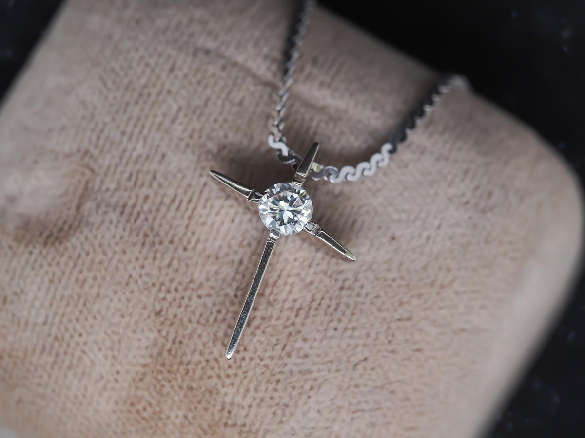 14K White Gold Slanted Cross Diamond Pendant and Chain - VHK#143a