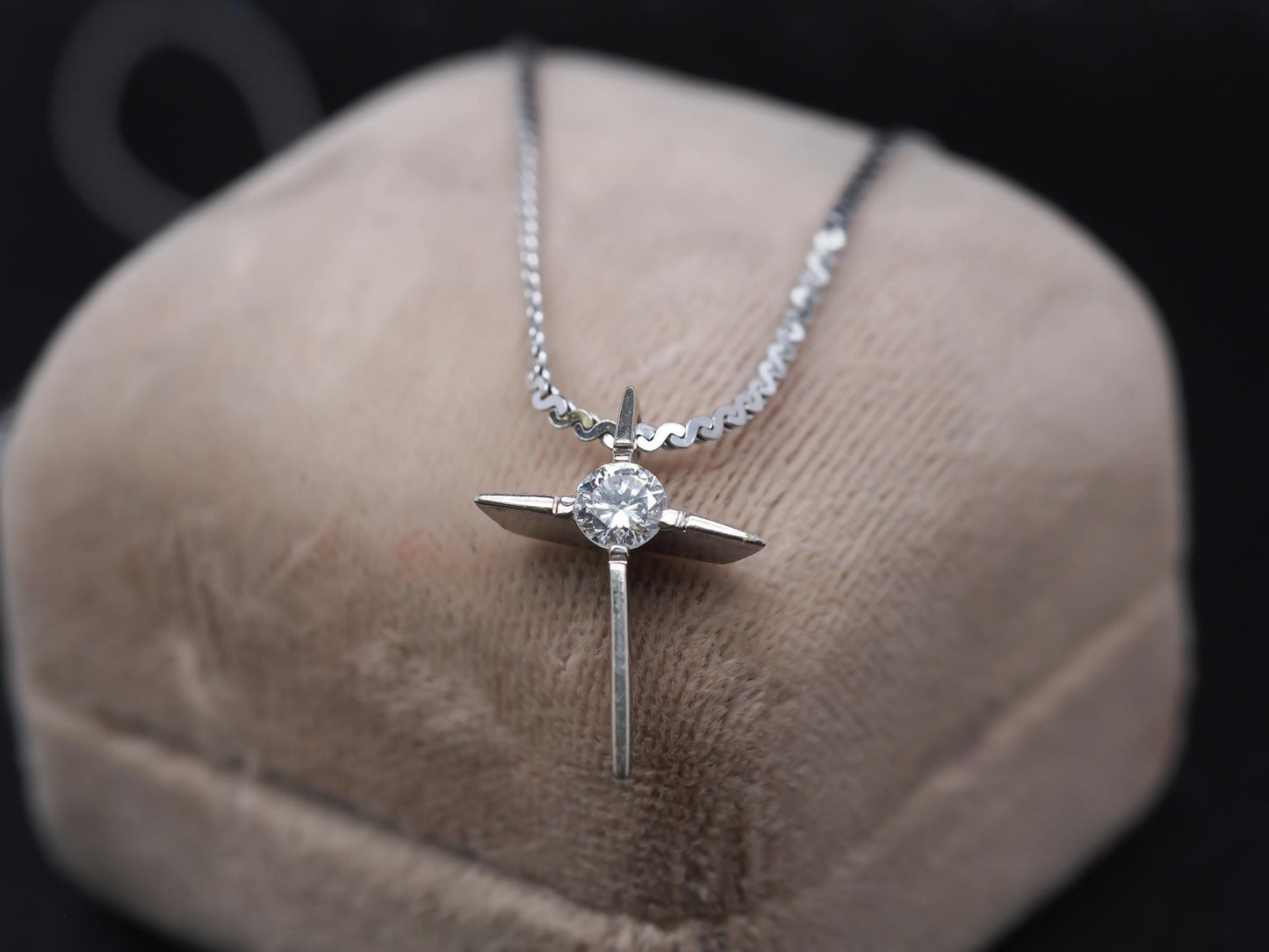14K White Gold Slanted Cross Diamond Pendant and Chain - VHK#143a