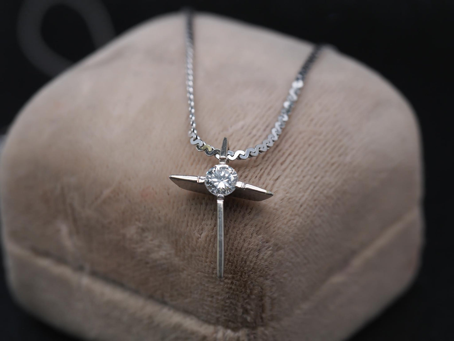 14K White Gold Slanted Cross Diamond Pendant and Chain - VHK#143a