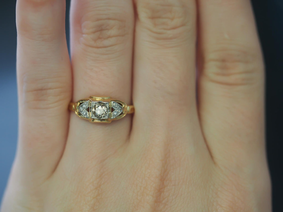 1920s Art Deco Natural Brown Diamond 14K Yellow Gold Ring - VHK#142