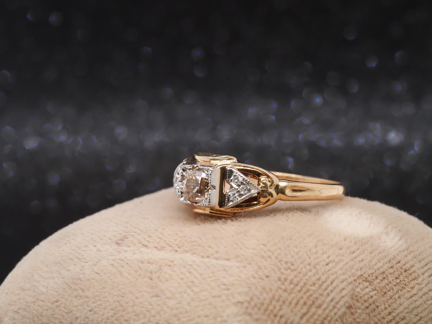 1920s Art Deco Natural Brown Diamond 14K Yellow Gold Ring - VHK#142